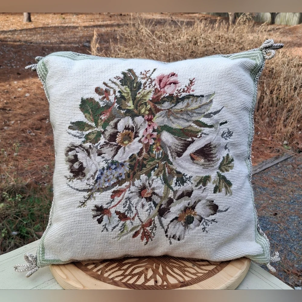 Vintage French Country Hand Stitched Floral Petit Point Wool Cotton Pillow Cover